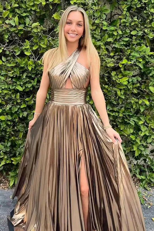 Halter Sleeveless Satin A-Line Empire Pleated Party Prom Dress