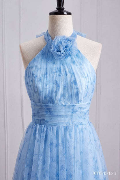 Halter Blue A-Line Long Bridesmaid Dress with Floral
