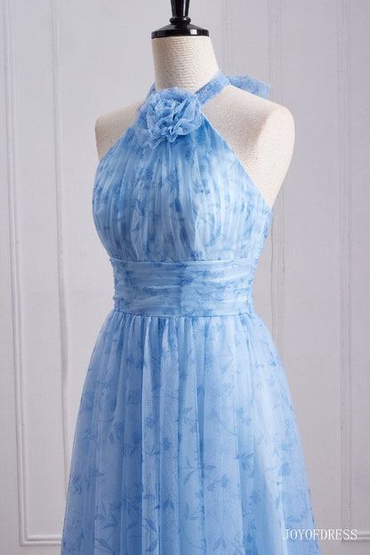 Halter Blue A-Line Long Bridesmaid Dress with Floral