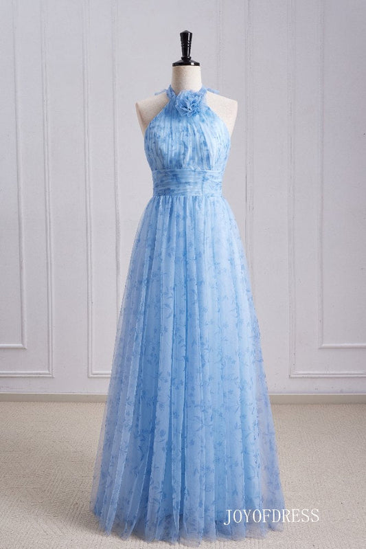 Halter Blue A-Line Long Bridesmaid Dress with Floral