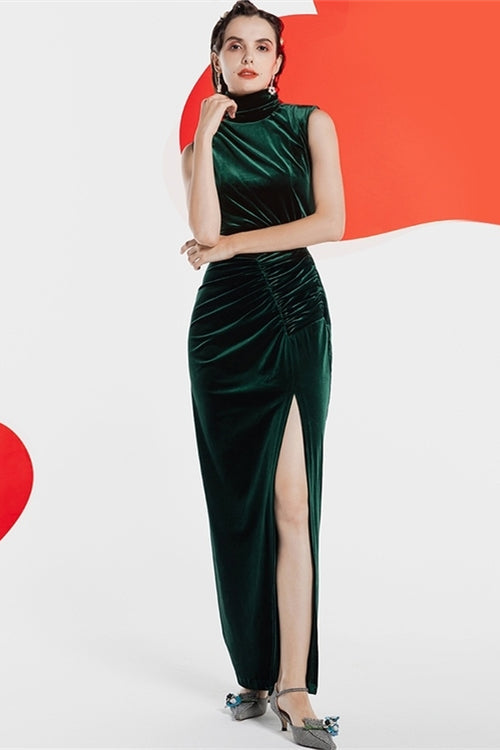 High Neck Dark Green Velvet Fitted Party Prom Dress