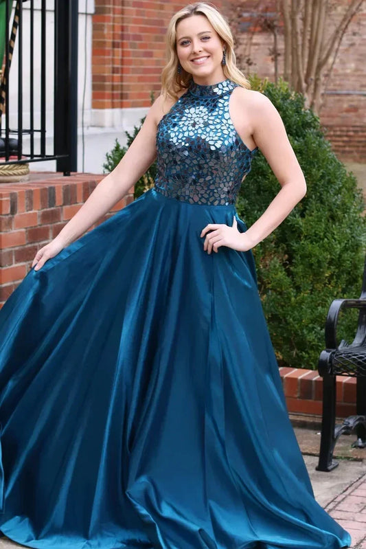 High Neck Sleeveless Beaded A-Line Long Party Prom Dress