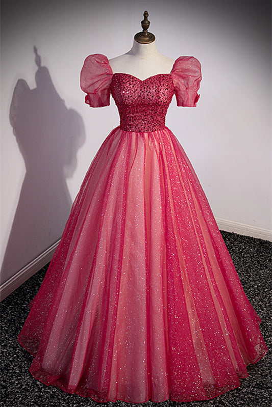 Sweetheart Short Sleeves Tulle A-Line Sparkly Party Prom Dress