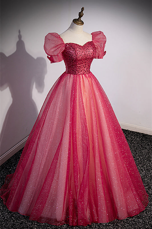 Sweetheart Short Sleeves Tulle A-Line Sparkly Party Prom Dress