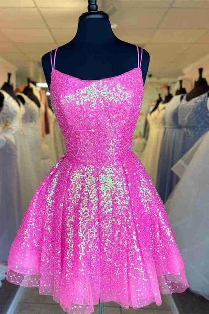 Hot Pink Bateau Sleeveless Empire Sequins Homecoming Dress