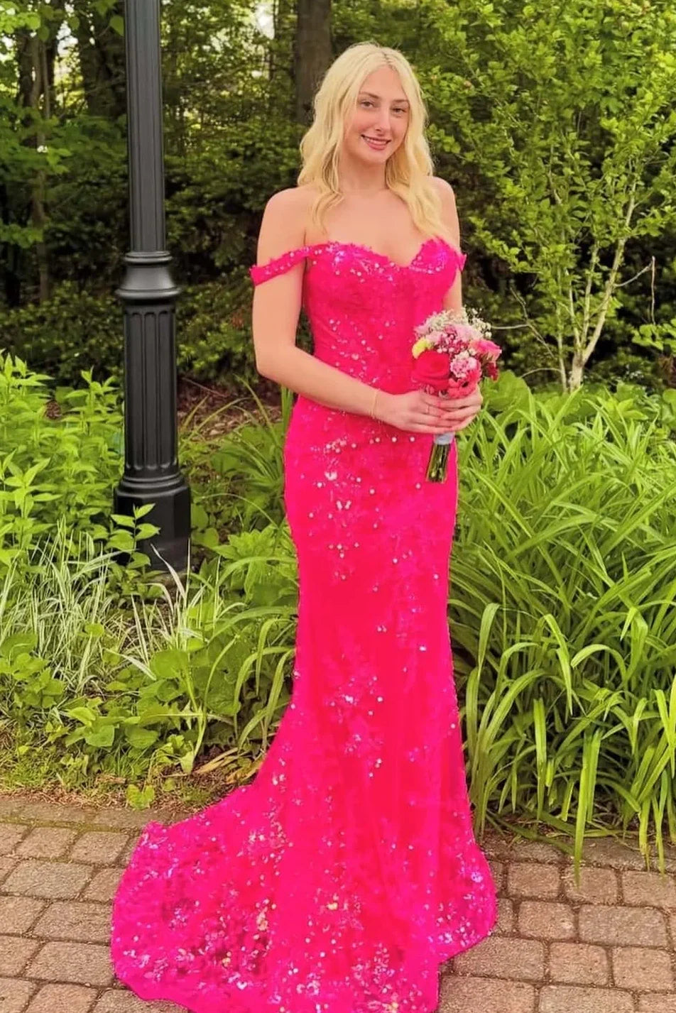 Hot Pink Off-Shoulder Mermaid Fully Lace Party Prom Dress