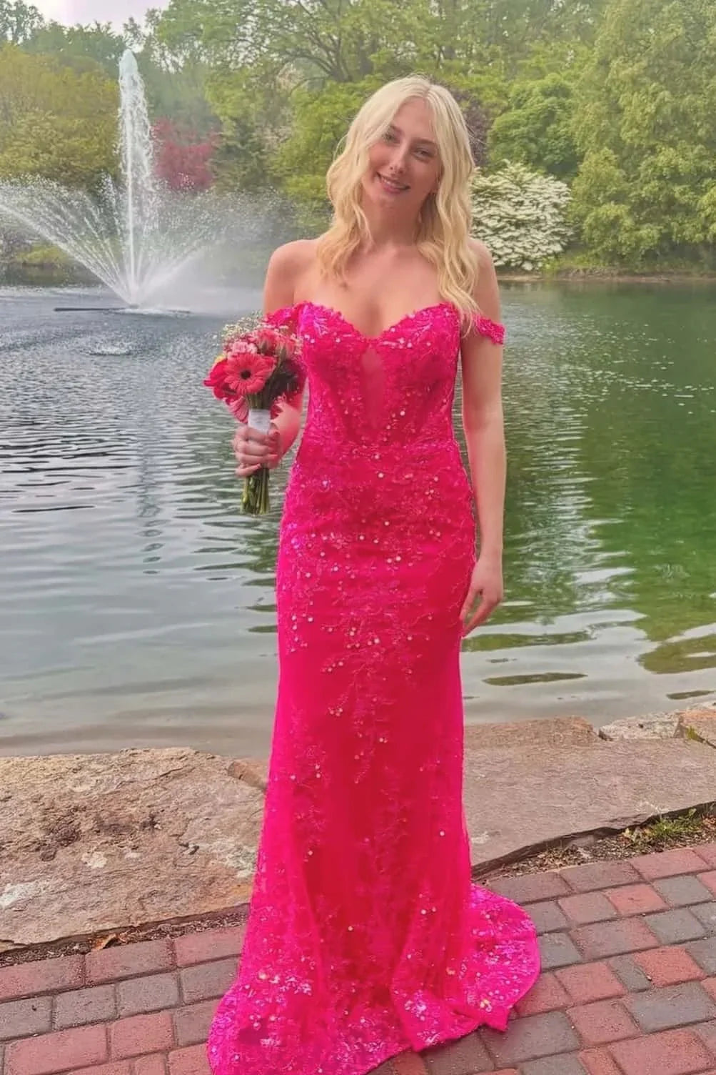 Hot Pink Off-Shoulder Mermaid Fully Lace Party Prom Dress
