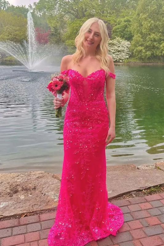 Hot Pink Off-Shoulder Mermaid Fully Lace Party Prom Dress