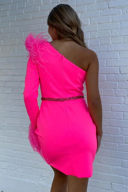 Hot Pink One Shoulder Beaded Empire Short Homecoming Dress
