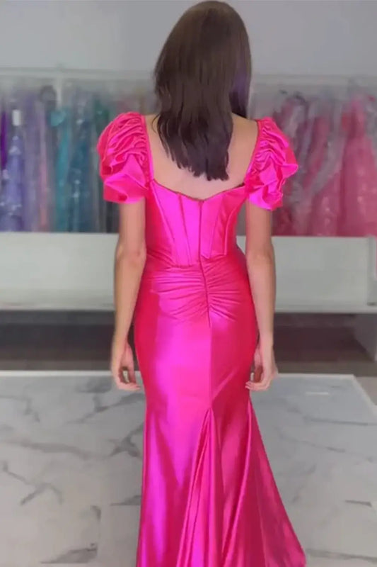 Hot Pink Short Sleeves Mermaid Party Prom Dress With Train