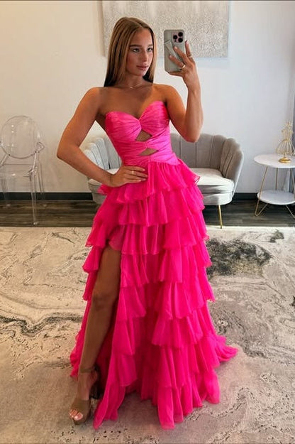 Hot Pink Strapless A-Line Two Tone Tiered Party Prom Dress