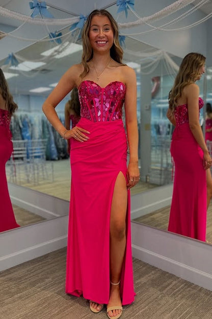 Hot Pink Sweetheart Strapless Beaded Empire Party Prom Dress With Slit