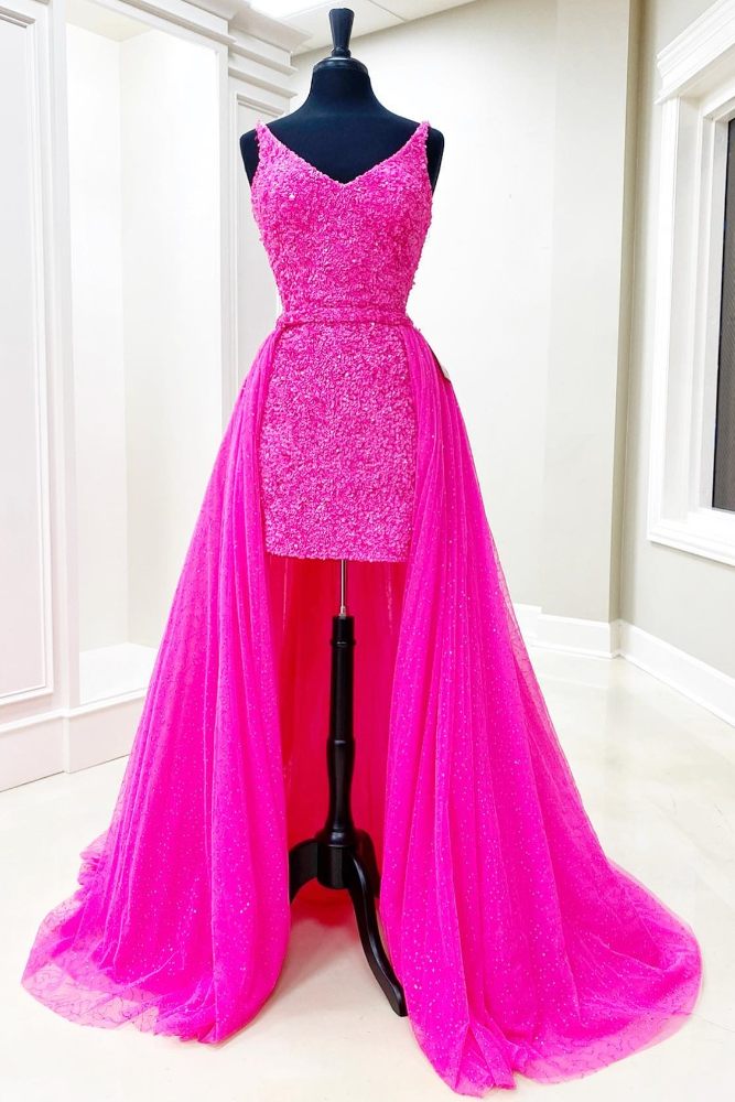 Hot Pink Sequin Tight Prom Dress with Detachable Train