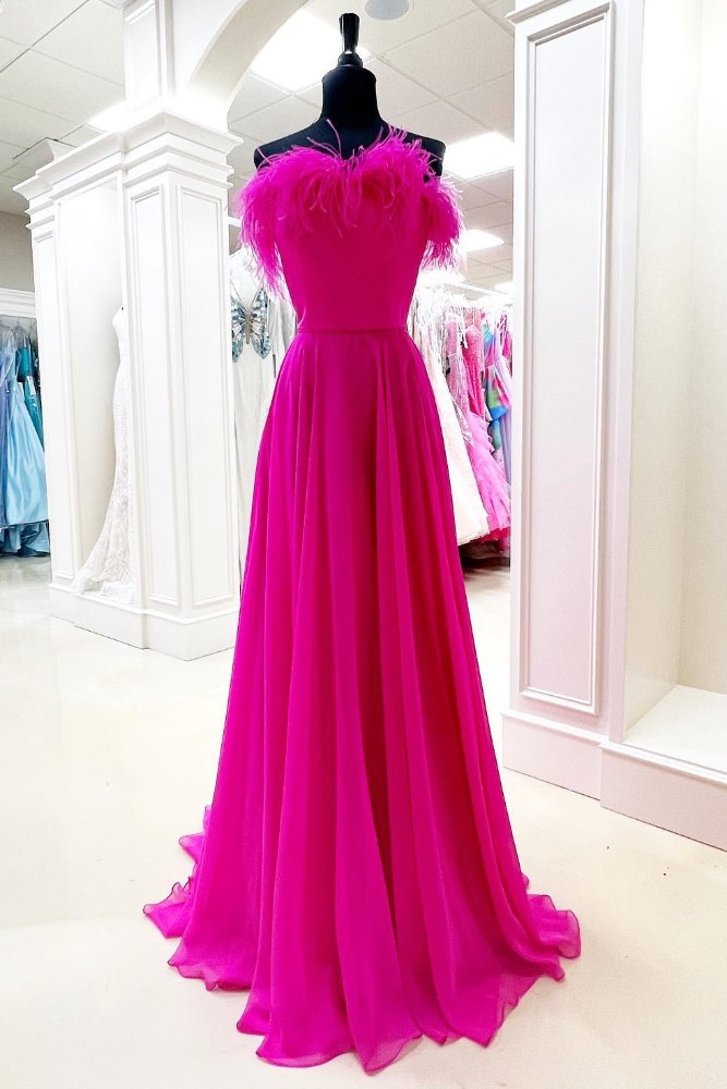 Hot Pink Strapless A-Line Prom Dress with Feather