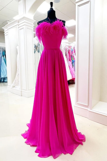Hot Pink Strapless A-Line Prom Dress with Feather
