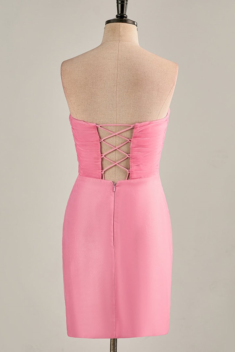 Hot Pink Strapless Chiffon Knee Length Homecoming Dress