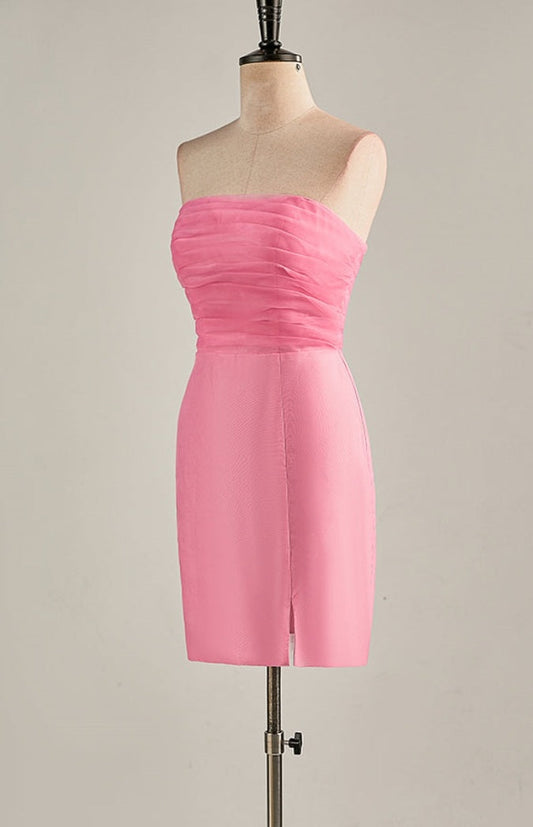 Hot Pink Strapless Chiffon Knee Length Homecoming Dress