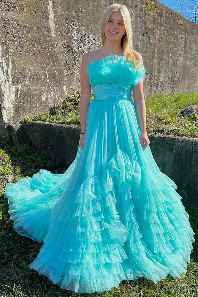 Hot Pink Ruffled Strapless Layers Long Prom Dress