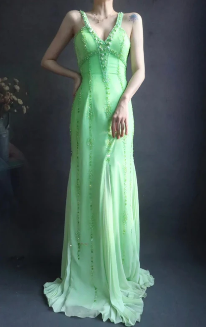 Classy V Neck Green Chiffon Beaded Mermaid Long Party Dress Evening Gown D1903