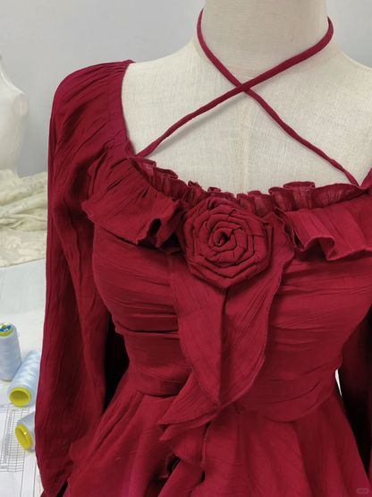 Elegant Burgundy Chiffon Layered Long Sleeves Short Party Dress Homecoming Dress D016