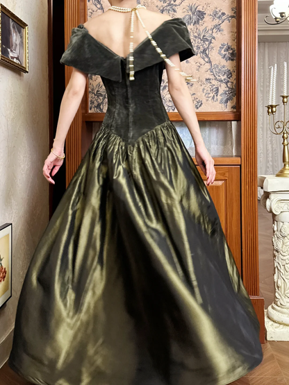 Vintage Olive Green A Line Off the Shoulder Velvet Satin Long Prom Dress SH5173