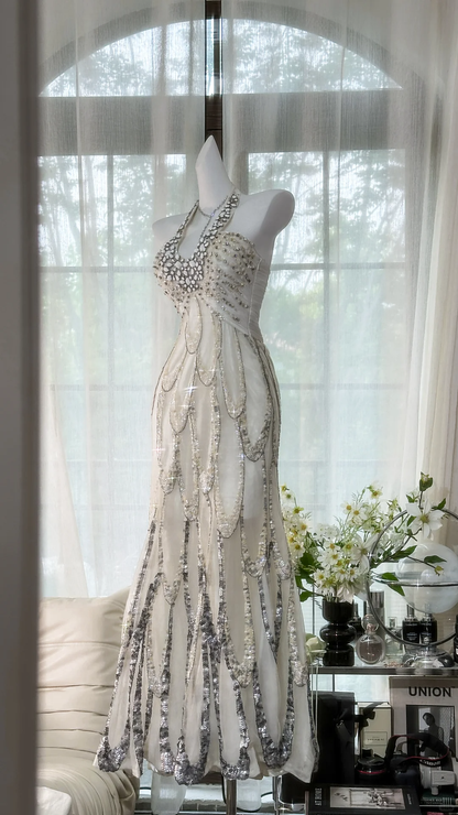 Classy Halter Chiffon Sequin Beaded Mermaid Evening Dress Long Prom Gown D1314