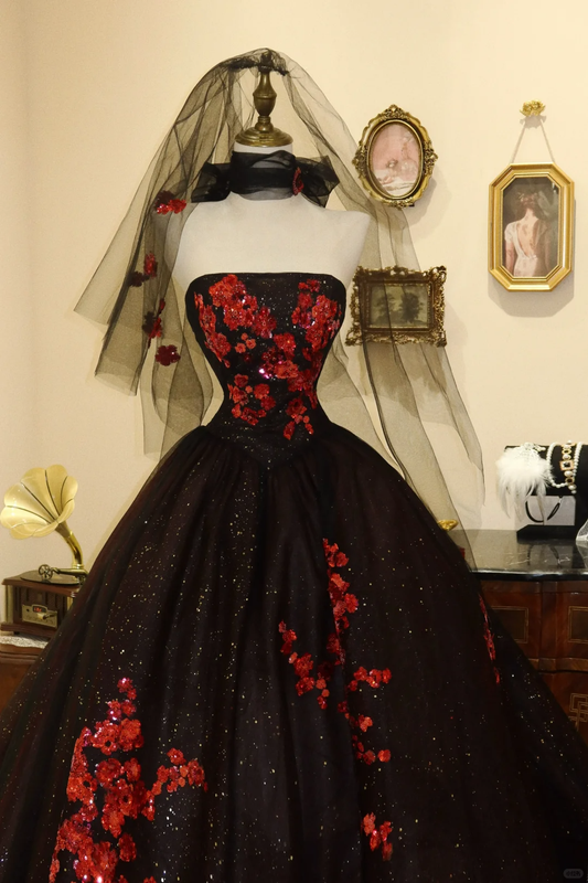 Black Sequin Appliques Ball Gown Strapless Long Prom Dress Evening Dress SH3673