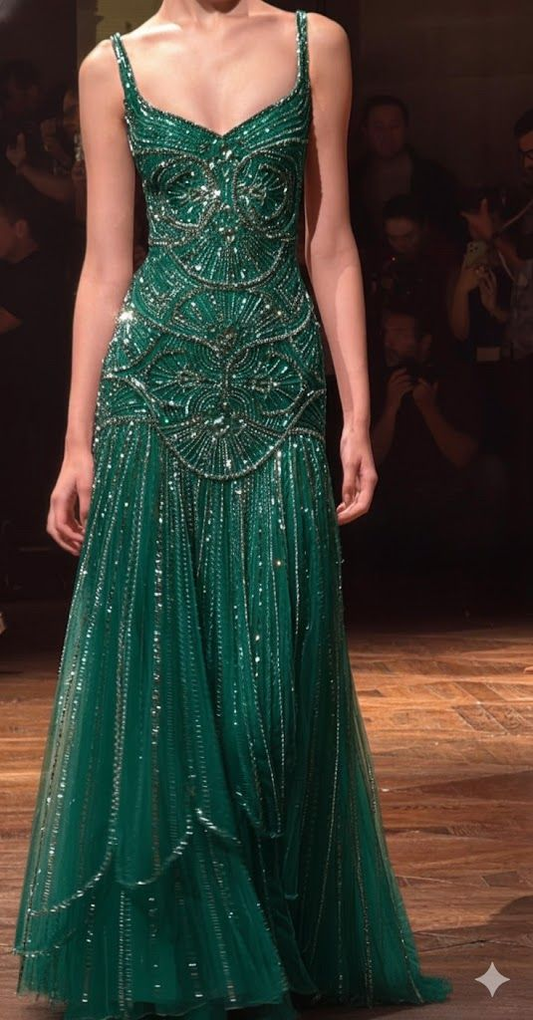 Gorgeous Spaghetti Straps Tulle Beaded Mermaid Long Party Dress Evening Gown D1650
