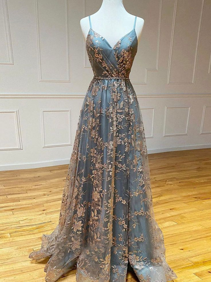 Sexy Spaghetti Straps V Neck Lace Slit Long Prom Dress Evening Dress SH559