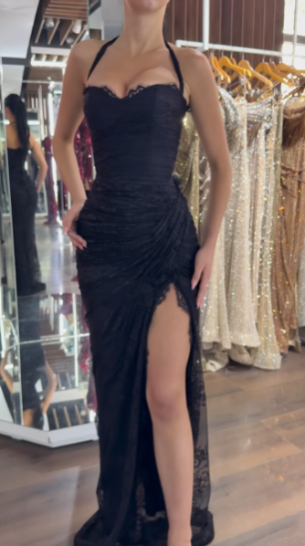 Sexy Black Halter Lace Mermaid  Slit Long Evening Dress Party Gown D1586