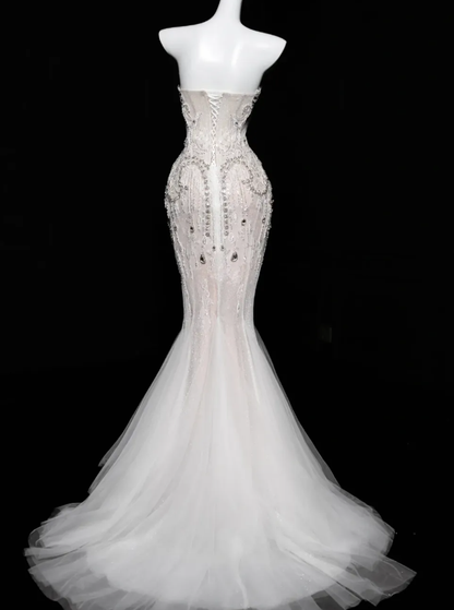 Charming Mermaid Strapless Rhinestone White Tulle Long Prom Dress SH3244