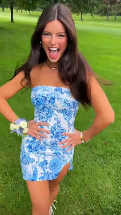 Unique Strapless Blue Satin Print Floral Sheath Short Cocktail Dress Formal Homecoming Dress D144