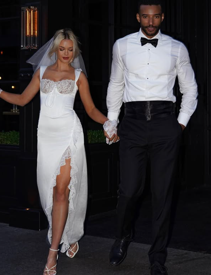 Elegant Sheath Spaghetti Strap White Lace Satin Long Prom Dress Wedding Dress SH4820