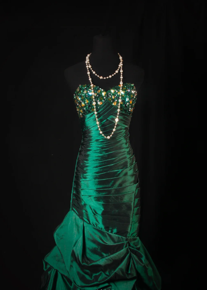 Elegant Emerald Green Strapless Satin Pleated Mermaid Long Party Dress Evening Dress With Beads D2215