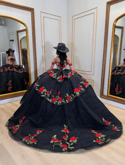 Sexy Red Flower Ball Gown Off the Shoulder Black Tulle Sweet 16 Dress Party Gowns Quinceanera Dresses SH3555