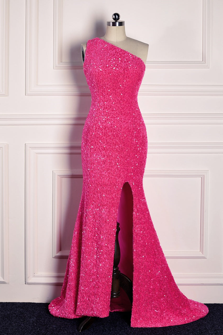 Casual Sequin One Shoulder Mermaid Prom Party Dress With Slit