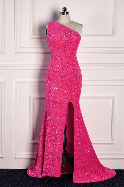 Casual Sequin One Shoulder Mermaid Prom Party Dress With Slit