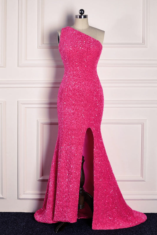 Casual Sequin One Shoulder Mermaid Prom Party Dress With Slit