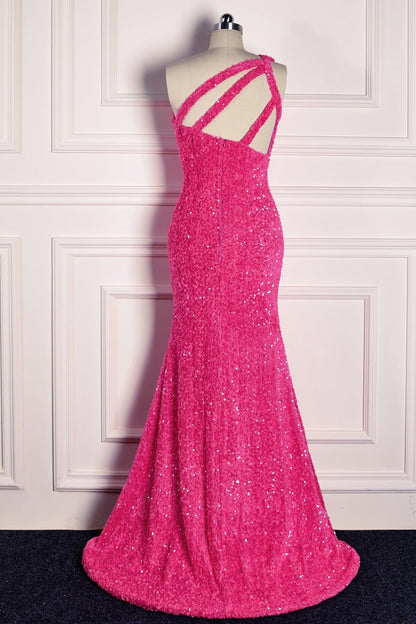 Casual Sequin One Shoulder Mermaid Prom Party Dress With Slit
