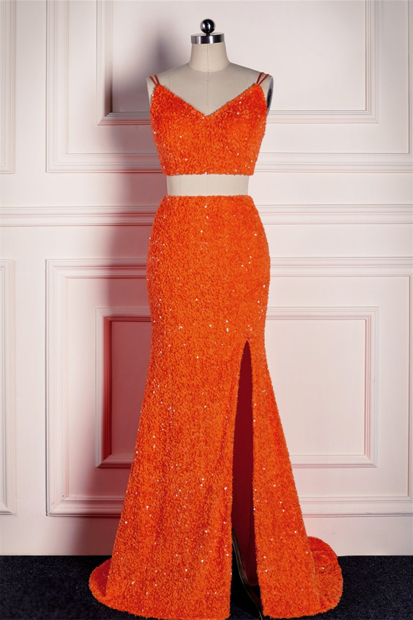 V-Neck Two Piece Mermaid Sequin Mermaid Prom Dress