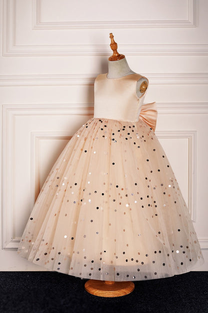 Champagne Jewel Tulle Sparkly Long Flower Girl Dress