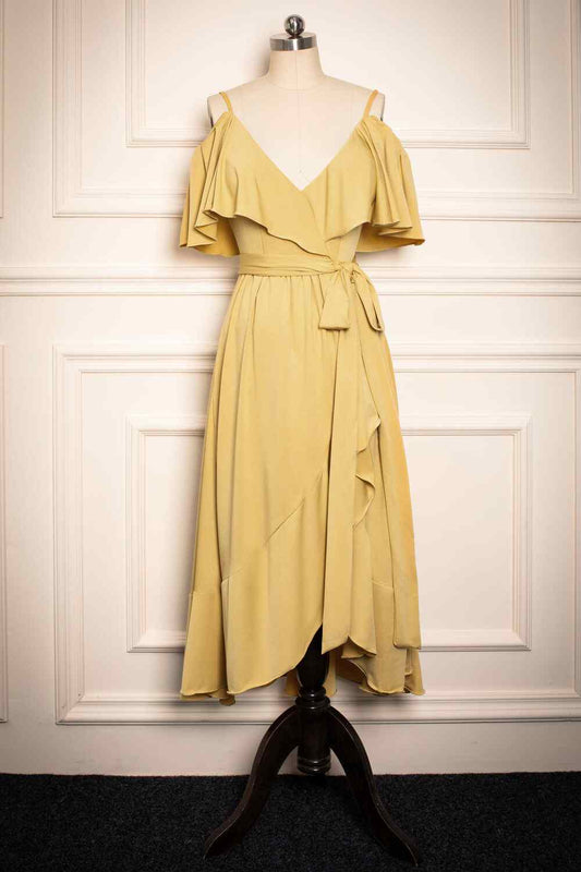 Yellow V Neck Flaunt Sleeves Faux-Wrap Chiffon Knee Length Bridesmaid Dress