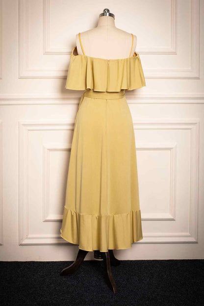 Yellow V Neck Flaunt Sleeves Faux-Wrap Chiffon Knee Length Bridesmaid Dress