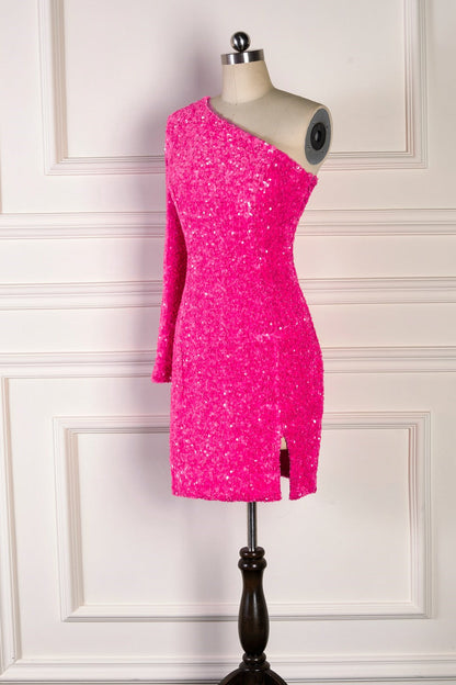 Bodycon One Shoulder Long Sleeves Sparkly Mini Homecoming Dress