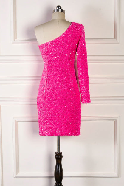 Bodycon One Shoulder Long Sleeves Sparkly Mini Homecoming Dress