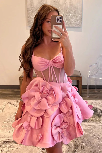 V-Neck Sleeveless Satin A-Line Florals Short Homecoming Dress