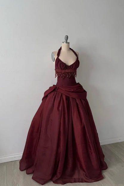 Burgundy Vintage A Line Halter Beaded Satin Long Prom Dress SH5151