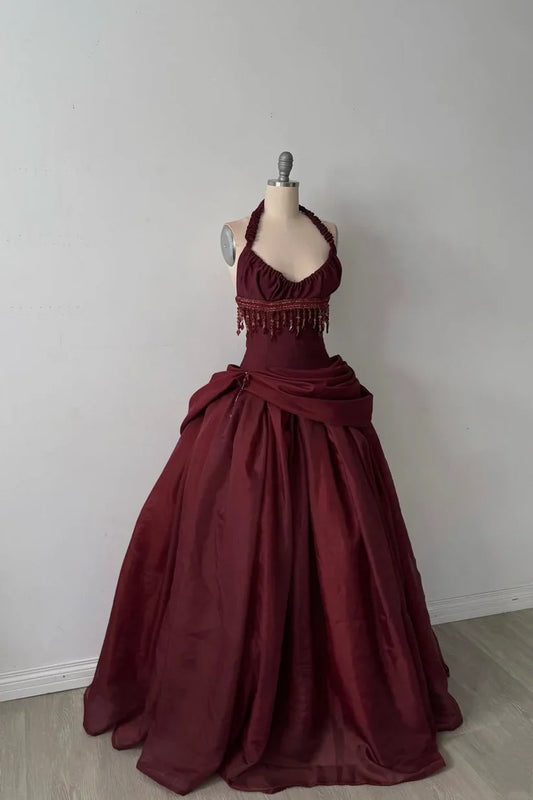 Burgundy Vintage A Line Halter Beaded Satin Long Prom Dress SH5151