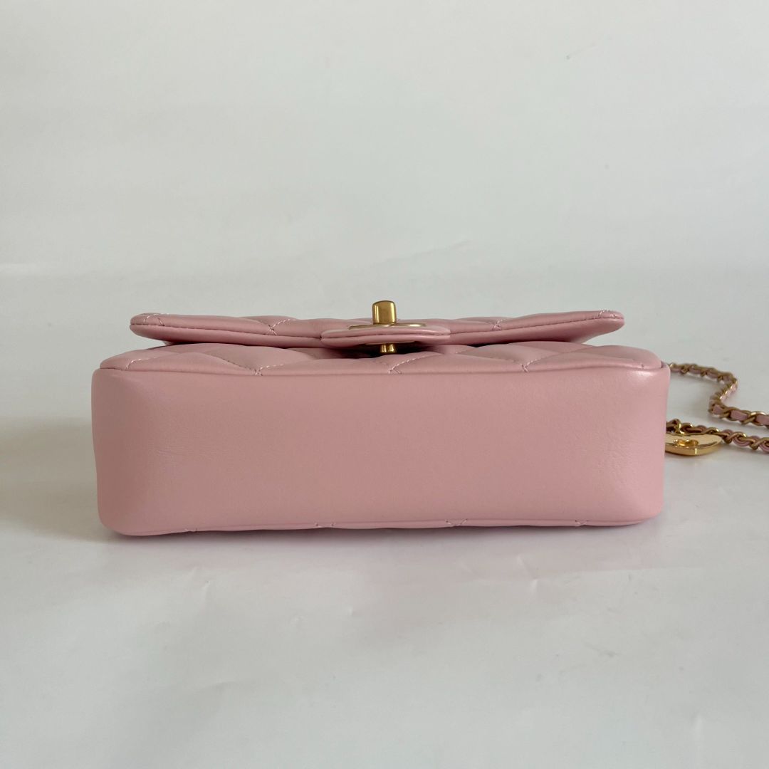 Chanel Pink Leather Classic Quilted Heart Charm Flap Bag