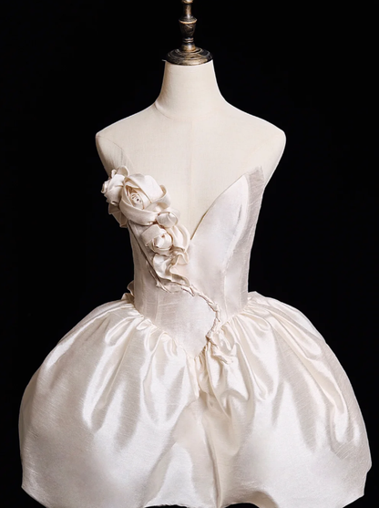 Cute A Line V Neck 3D Floral White Satin Short Homecoming Dress Birthday Dress SH4275